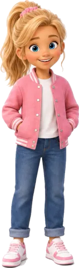 Amelia, a smiling girl in a pink jacket