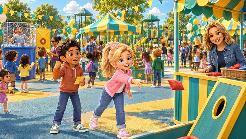 Amelia tosses a beanbag at Mrs. Lopez’s booth while Manny cheers, at a school carnival with a dunk tank and striped tents