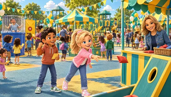 Amelia tosses a beanbag at Mrs. Lopez’s booth while Manny cheers, at a school carnival with a dunk tank and striped tents