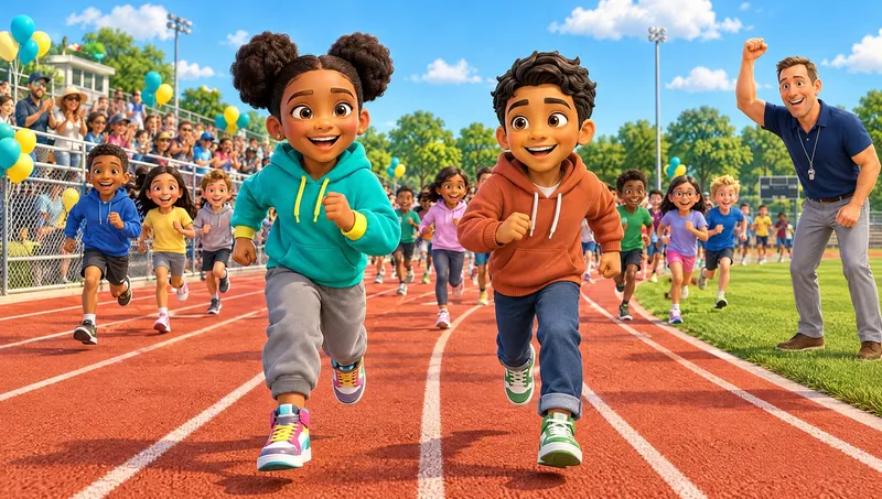 Maya and Manny lead a pack of students running laps on the school track while Mr. Smith and families cheer
