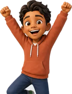 Manny cheering with both fists in the air