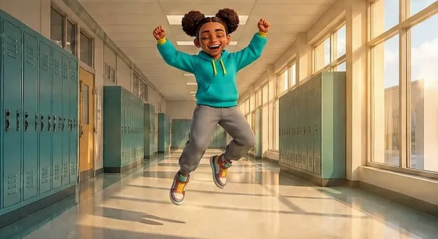 Maya jumping for joy in the school hallway