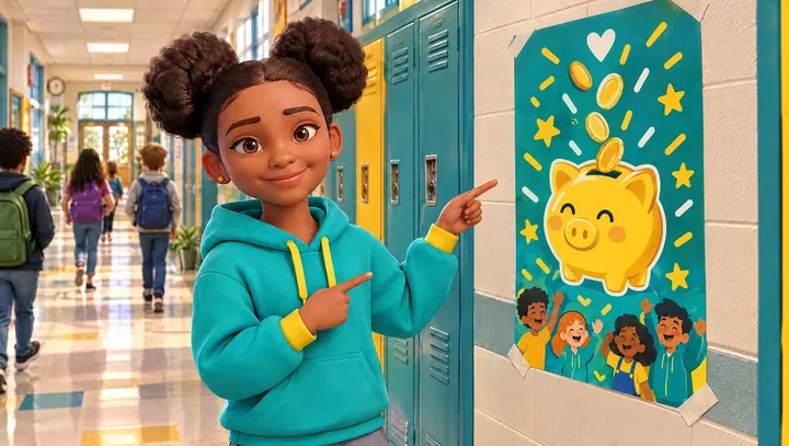 Maya pointing at a piggy bank fundraiser poster on the school hallway wall