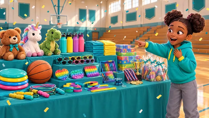 Maya points with delight at a prize table of plush animals, water bottles, T-shirts, sunglasses, a trophy and goodie bags