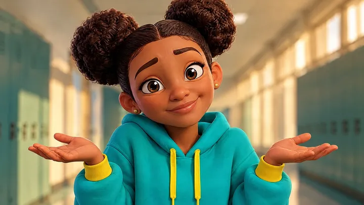 Maya shrugging with her palms up, as if to say “why not?”