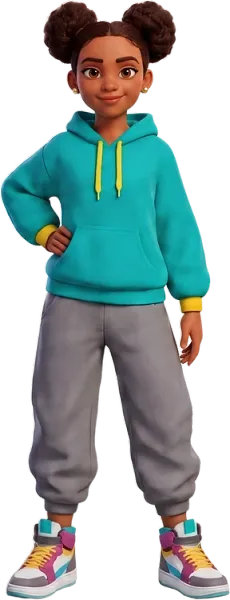 Maya, a confident girl in a teal hoodie