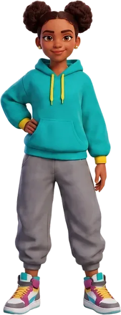Maya standing confidently with a hand on her hip