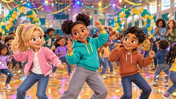 Amelia, Maya and Manny dance with their classmates at a balloon-filled party in the school gym