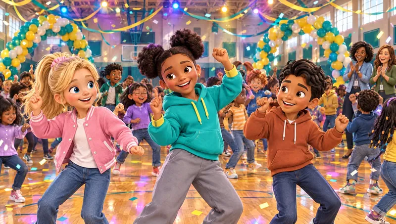 Amelia, Maya and Manny dance with their classmates at a balloon-filled party in the school gym